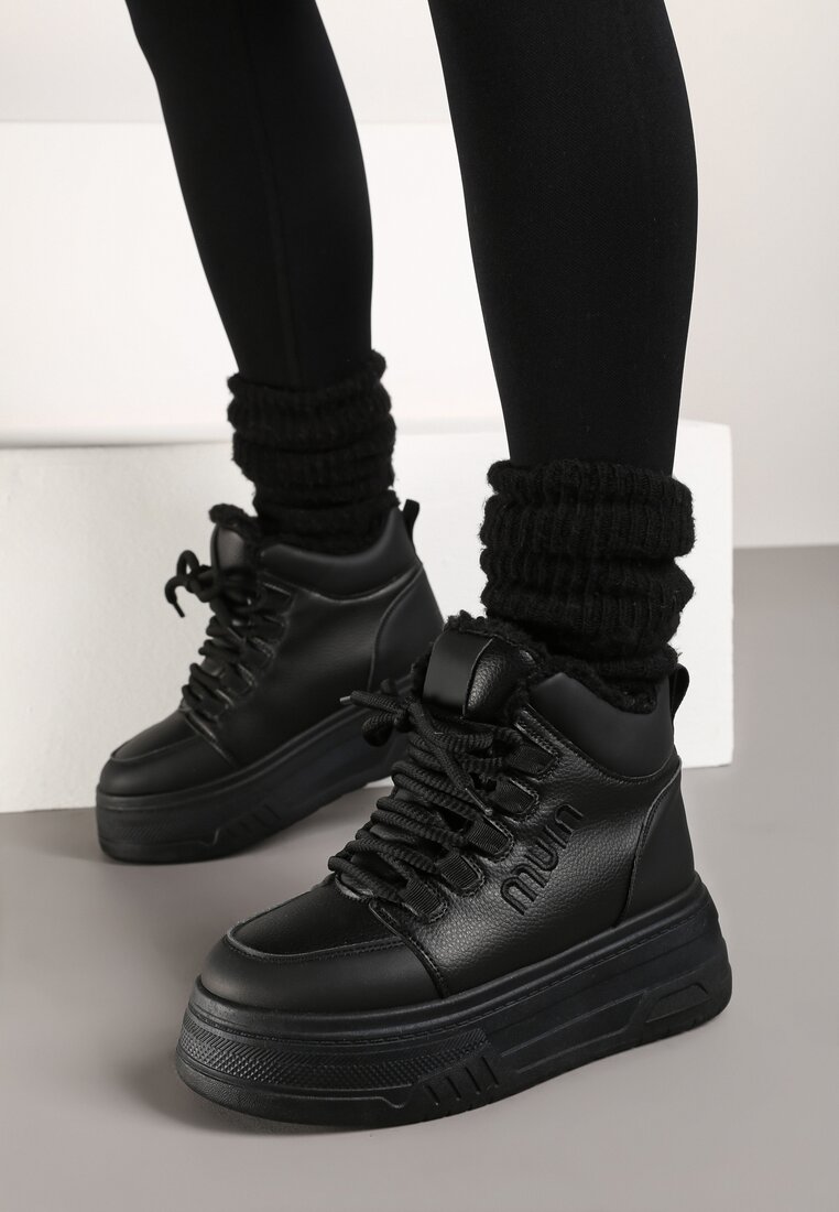 Czarne Sneakersy na Platformie Ocieplane Futrem Leanelitia