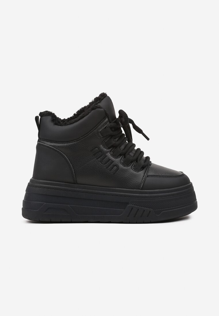 Czarne Sneakersy na Platformie Ocieplane Futrem Leanelitia