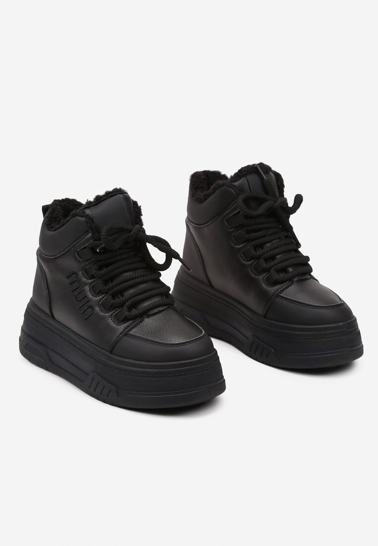 Czarne Sneakersy na Platformie Ocieplane Futrem Leanelitia