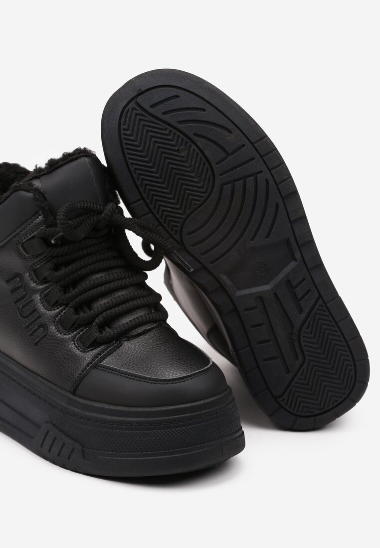 Czarne Sneakersy na Platformie Ocieplane Futrem Leanelitia