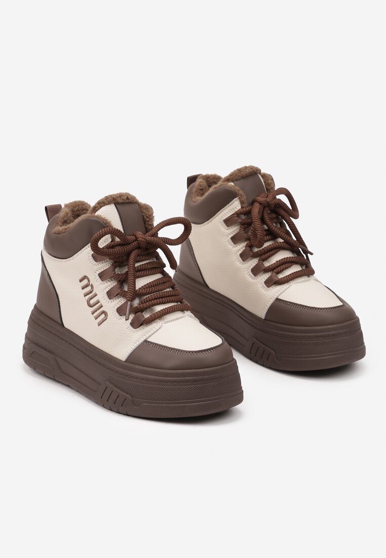 Beżowo-Brązowe Sneakersy na Platformie Ocieplane Futrem Leanelitia