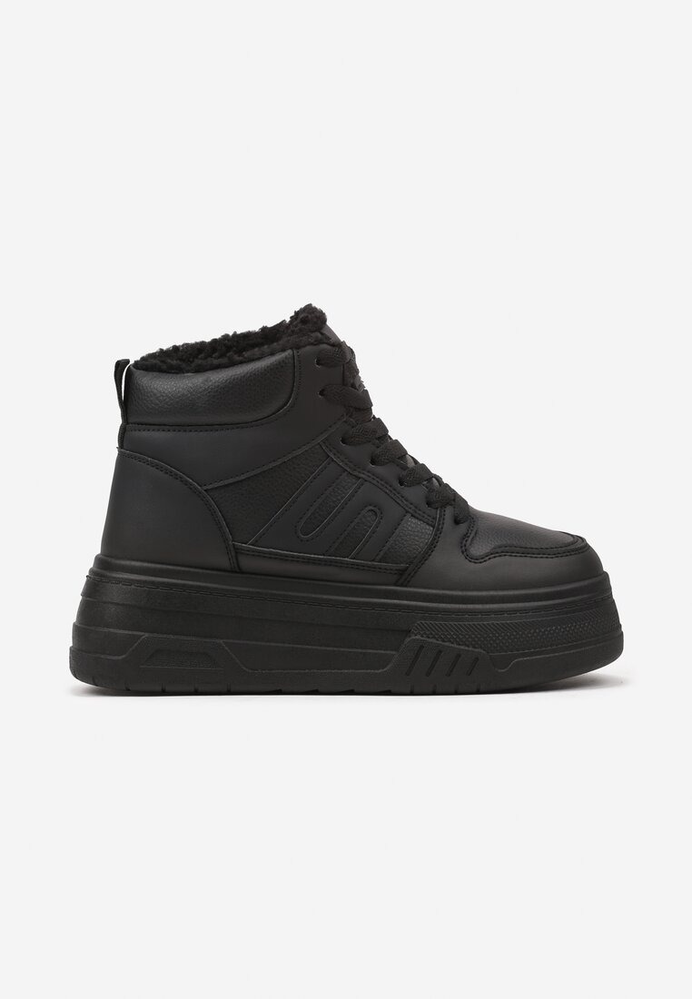 Czarne Sneakersy na Grubej Podeszwie Ocieplane Futerkiem Leandria