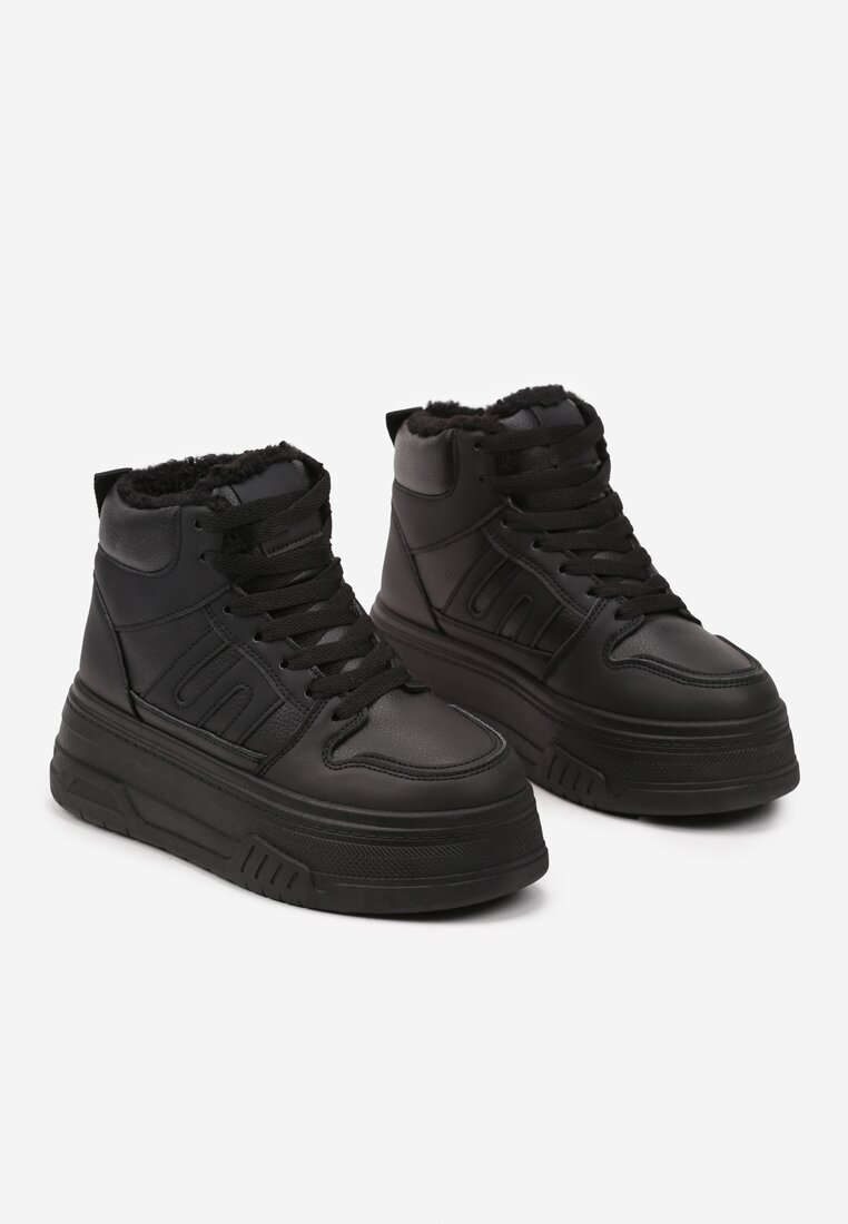 Czarne Sneakersy na Grubej Podeszwie Ocieplane Futerkiem Leandria