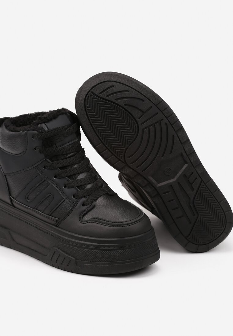 Czarne Sneakersy na Grubej Podeszwie Ocieplane Futerkiem Leandria