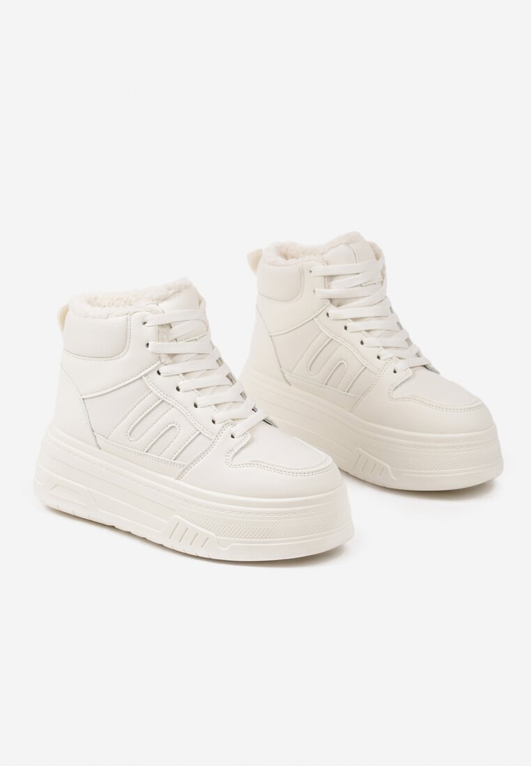 Beżowe Sneakersy na Grubej Podeszwie Ocieplane Futerkiem Leandria