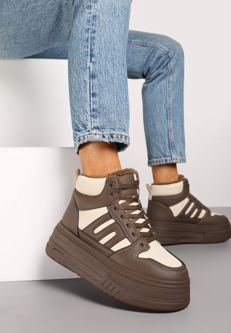 Beżowo-Brązowe Sneakersy na Grubej Podeszwie Ocieplane Futerkiem Leandria