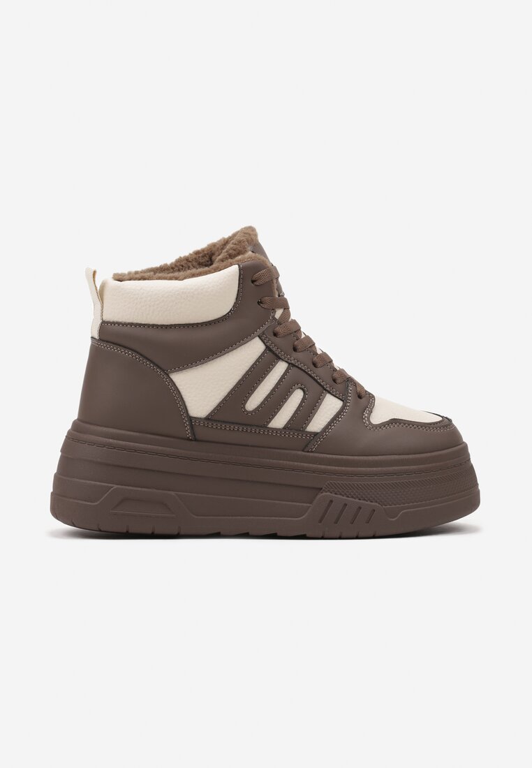 Beżowo-Brązowe Sneakersy na Grubej Podeszwie Ocieplane Futerkiem Leandria