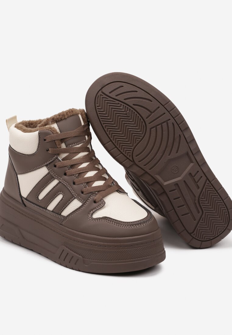 Beżowo-Brązowe Sneakersy na Grubej Podeszwie Ocieplane Futerkiem Leandria
