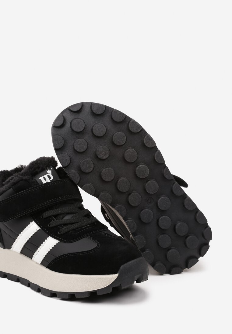 Czarne Płaskie Ocieplane Buty Sportowe Sneakersy Ozdobione Paskami i Gumkami Fezirina