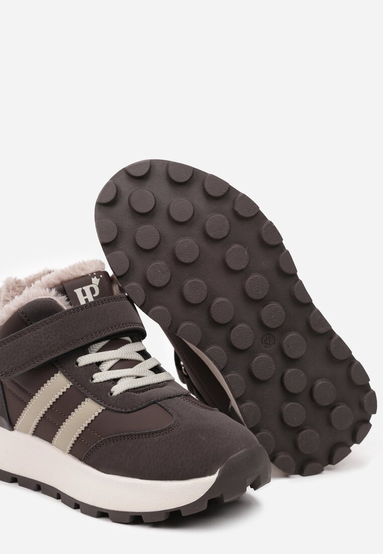 Brązowe Płaskie Ocieplane Buty Sportowe Sneakersy Ozdobione Paskami i Gumkami Fezirina