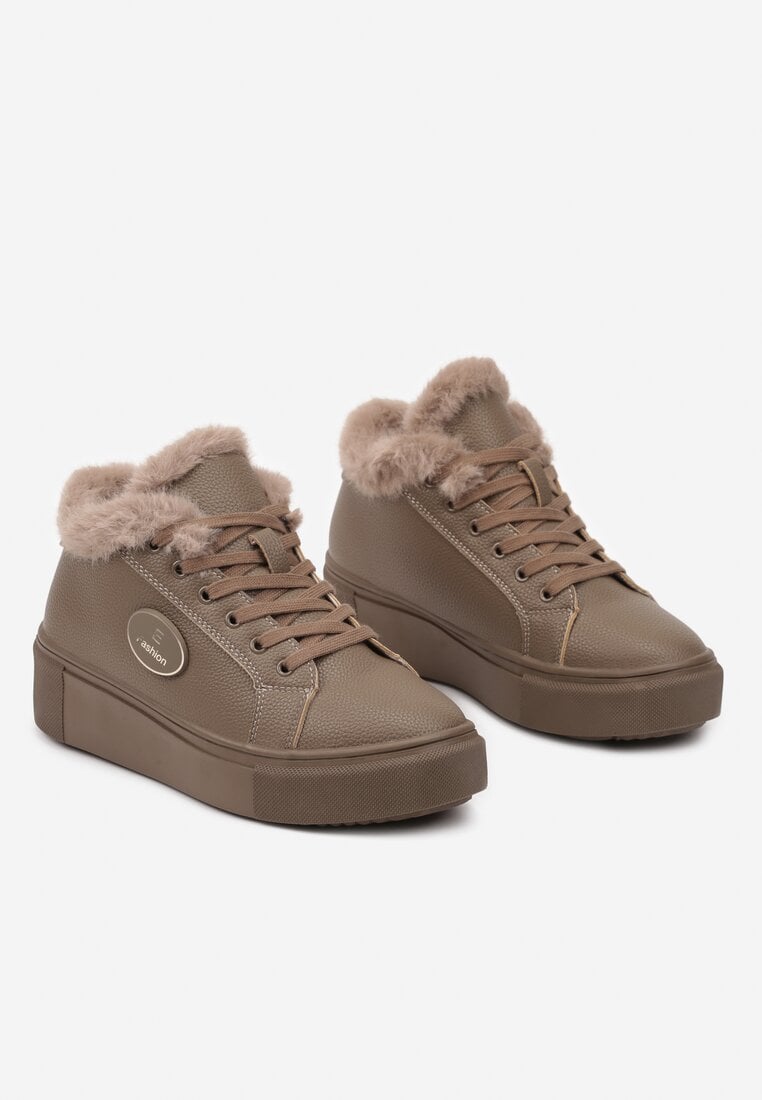 Brązowe Ocieplane Sneakersy na Grubej Podeszwie Ozdobione Sznurowaniem i Aplikacją Ocezola