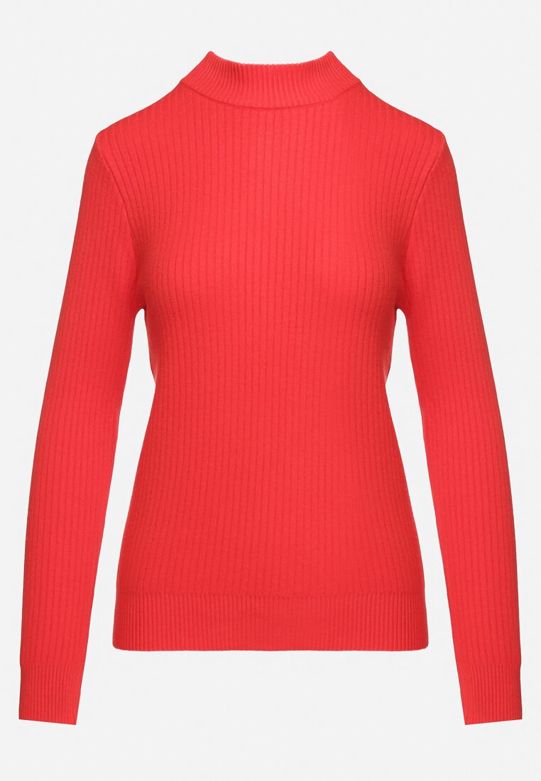 Czerwony Sweter z Wiskozą i Golfem z Elastycznego Prążkowanego Materiału Nikiella