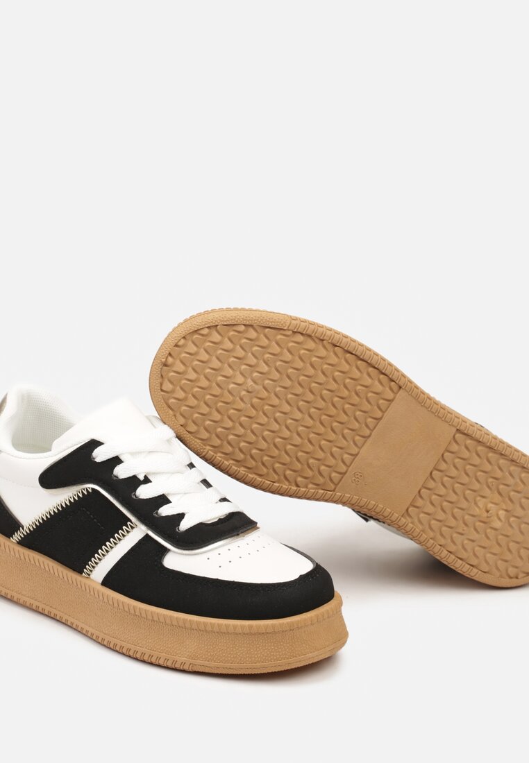 Czarno-Białe Płaskie Sneakersy z Perforacją i Ozdobnymi Przeszyciami Neaviria