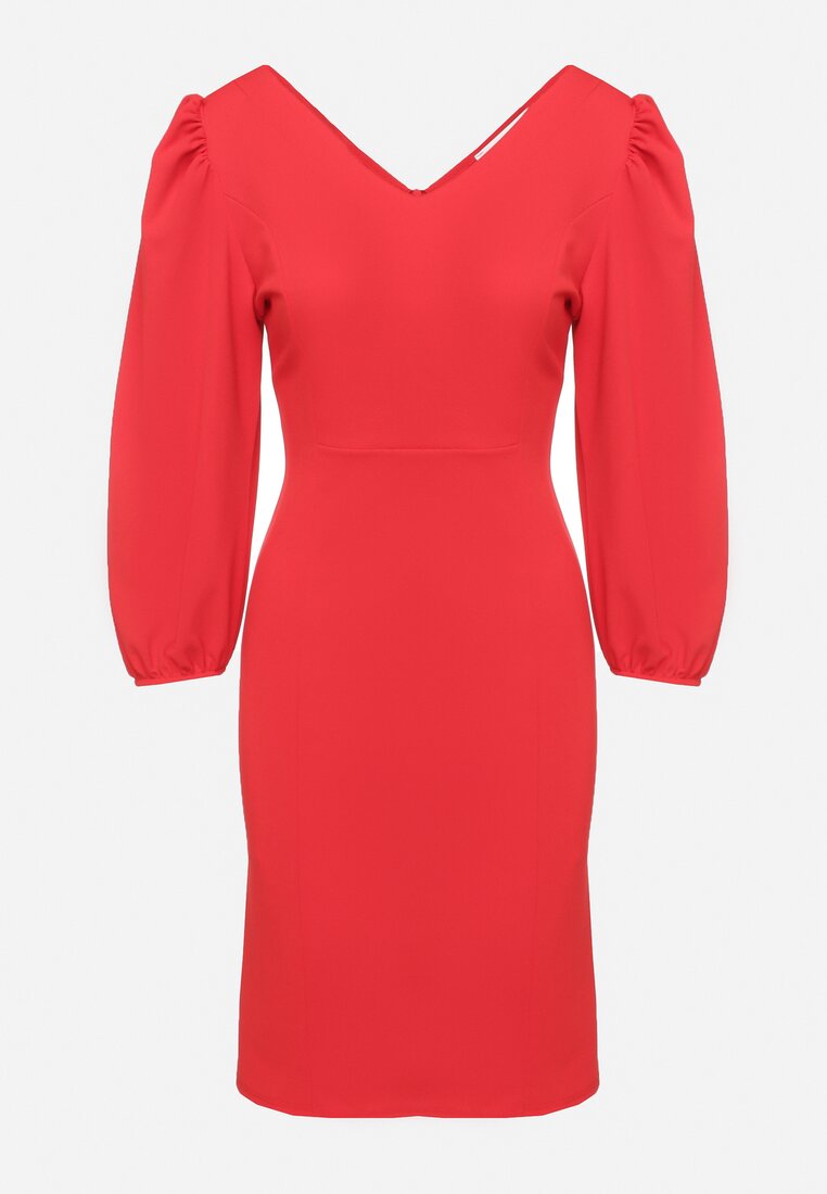 Czerwona Dopasowana Sukienka z Dekoltem w Serek Zinnaira