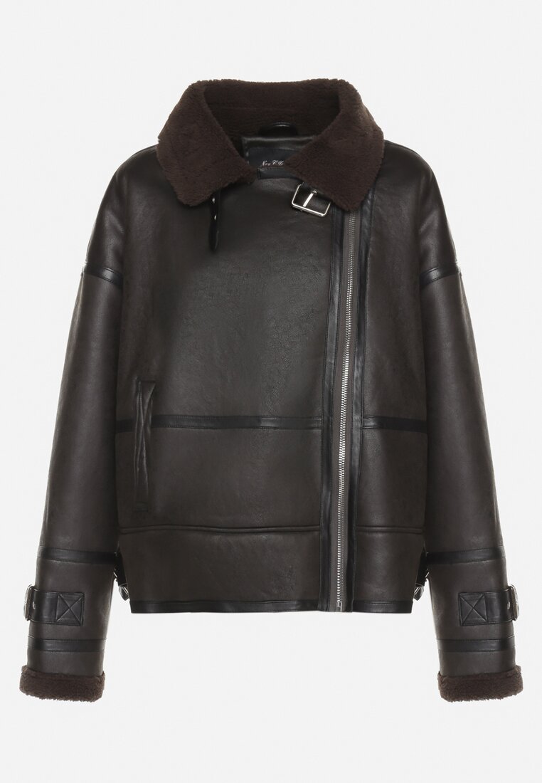 Czarna Kurtka Biker z Futerkiem Typu Baranek i Paskami z Klamrami Neathra