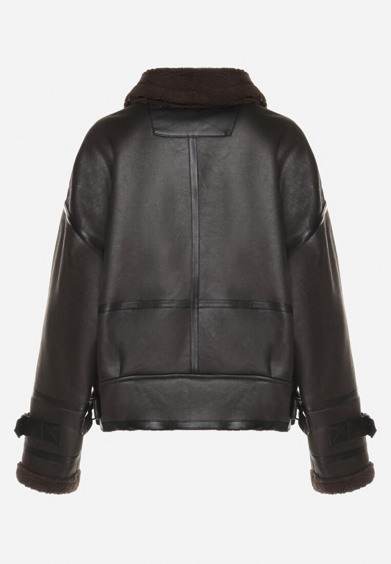 Czarna Kurtka Biker z Futerkiem Typu Baranek i Paskami z Klamrami Neathra