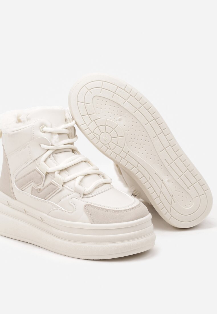 Beżowe Sneakersy na Grubej Podeszwie z Tłoczeniem Futerkiem i Geometryczną Wstawką Nealandra