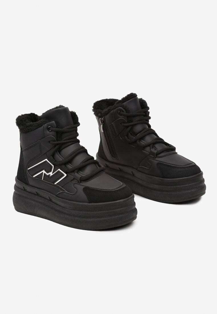 Czarne Sneakersy na Grubej Podeszwie z Tłoczeniem Futerkiem i Geometryczną Wstawką Nealandra