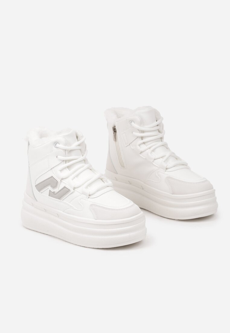 Białe Sneakersy na Grubej Podeszwie z Tłoczeniem Futerkiem i Geometryczną Wstawką Nealandra