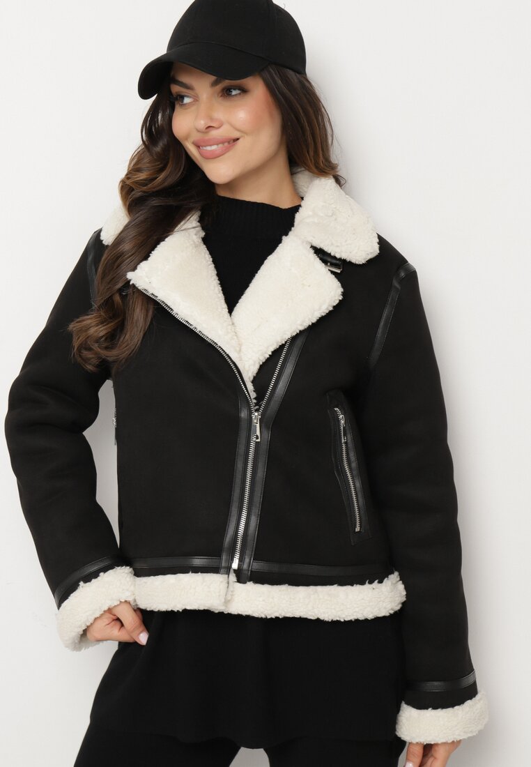 Czarna Kurtka Biker z Futerkiem Typu Baranek i Asymetrycznym Zapięciem Neavielis