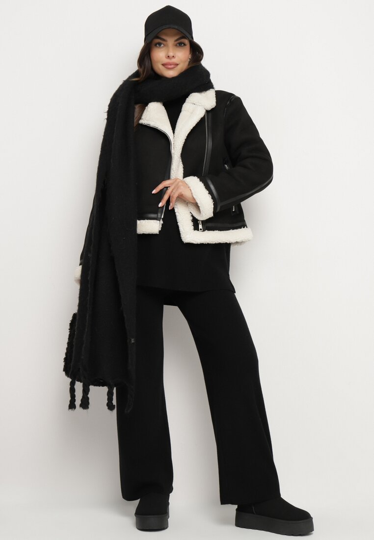 Czarna Kurtka Biker z Futerkiem Typu Baranek i Asymetrycznym Zapięciem Neavielis