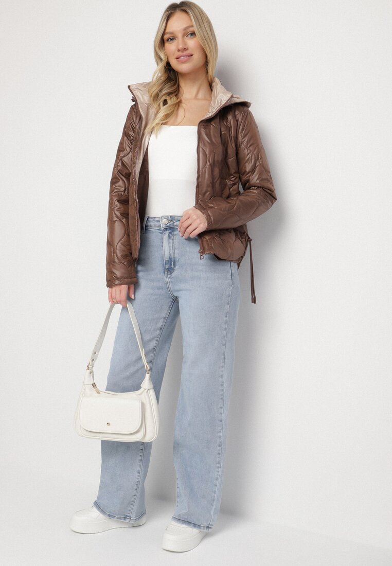 Brązowa Kurtka z Ozdobnymi Przeszyciami Odpinanym Kapturem i Ściągaczami u Dołu Jackinita