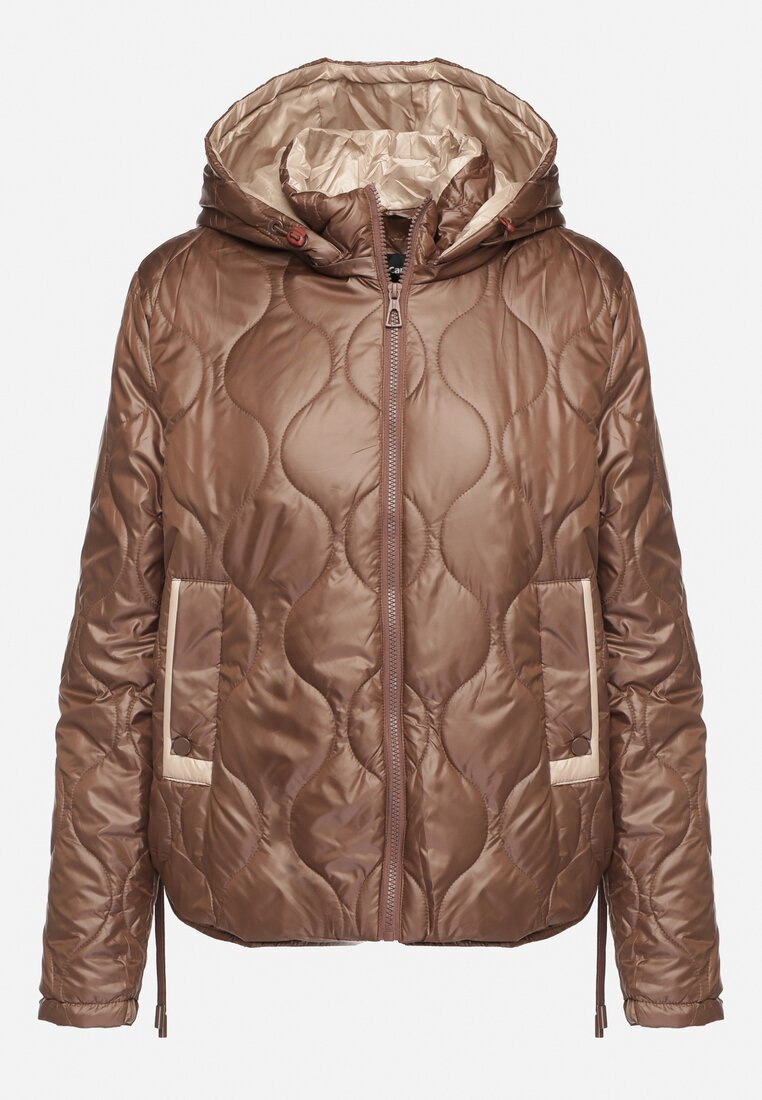 Brązowa Kurtka z Ozdobnymi Przeszyciami Odpinanym Kapturem i Ściągaczami u Dołu Jackinita