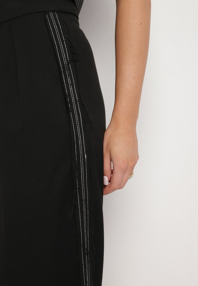 Czarne Szerokie Spodnie High Waist Ozdobione Kieszeniami Zinnoria
