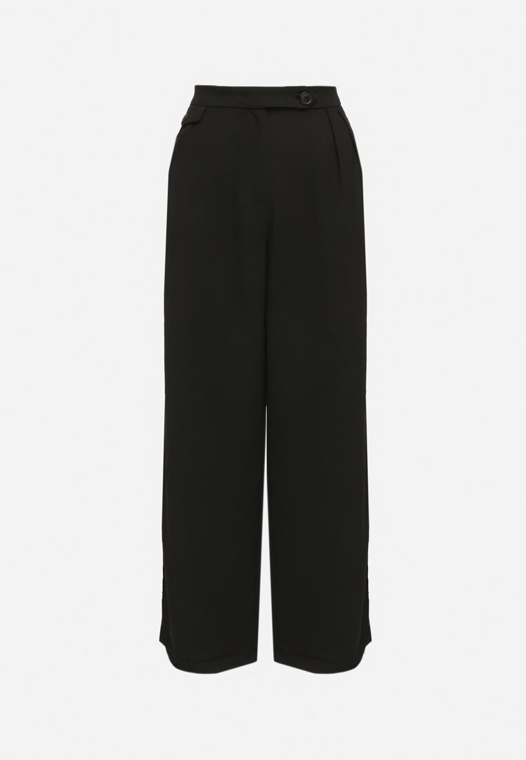 Czarne Szerokie Spodnie High Waist Ozdobione Kieszeniami Zinnoria
