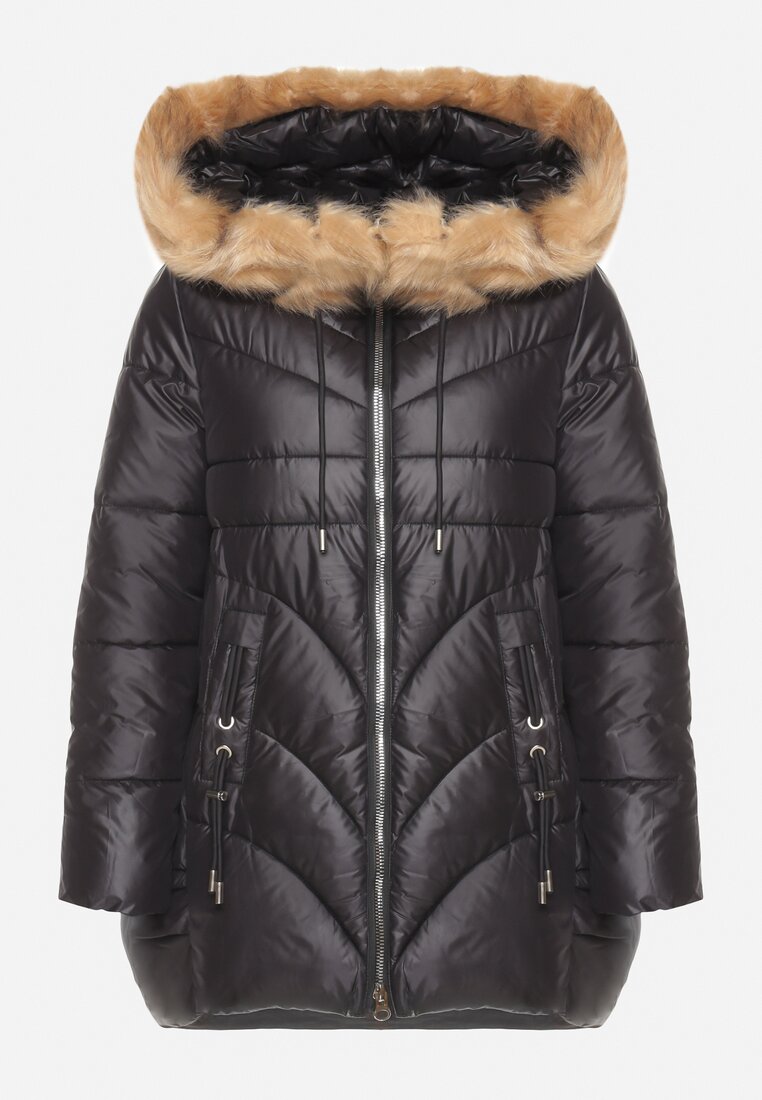 Czarna Pikowana Kurtka o Trapezowym Kroju z Kapturem i Odpinanym Futerkiem Deolaine