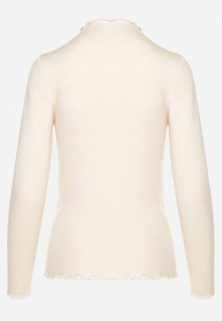 Beżowy Sweter z Wełną i Ozdobną Falbanką przy Dekolcie Seanoria