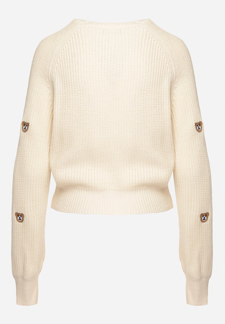 Beżowy Sweter Ozdobiony Naszywkami w Misie Issalie