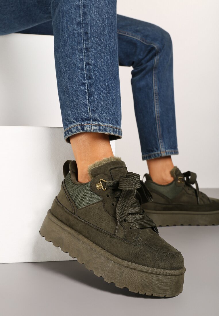 Ciemnozielone Sneakersy na Grubej Podeszwie Ocieplane Futerkiem Tifitana