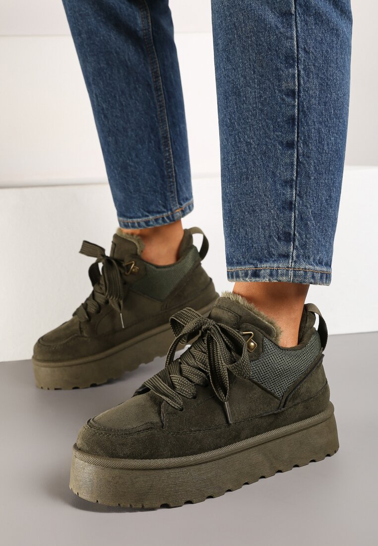 Ciemnozielone Sneakersy na Grubej Podeszwie Ocieplane Futerkiem Tifitana