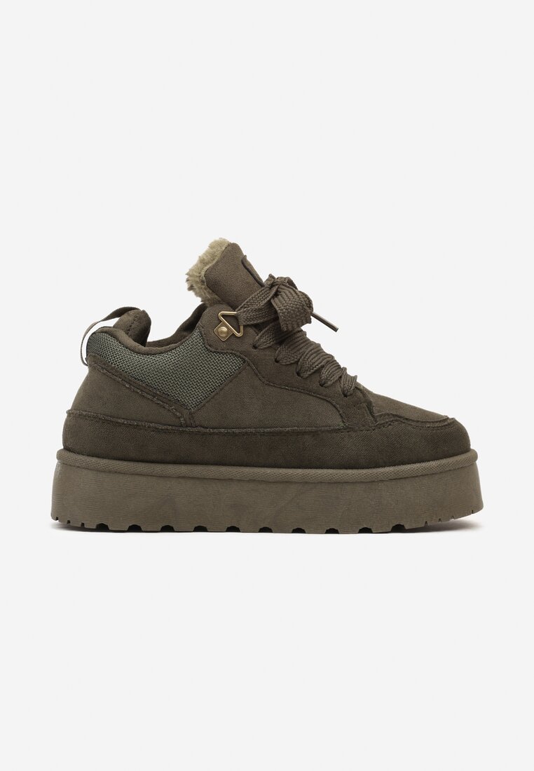 Ciemnozielone Sneakersy na Grubej Podeszwie Ocieplane Futerkiem Tifitana