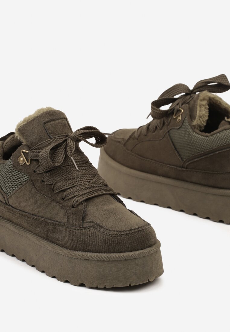 Ciemnozielone Sneakersy na Grubej Podeszwie Ocieplane Futerkiem Tifitana