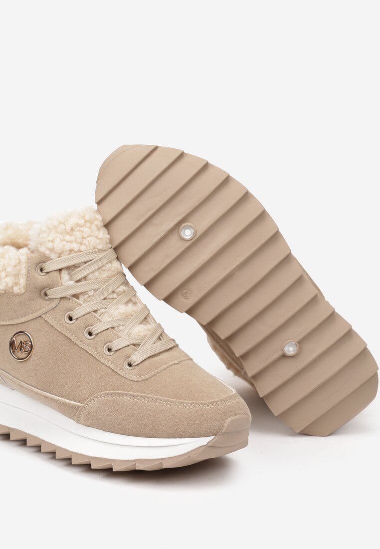 Ciemnobeżowe Sneakersy z Imitacji Zamszu Mocno Ocieplane Futrem Metarilea