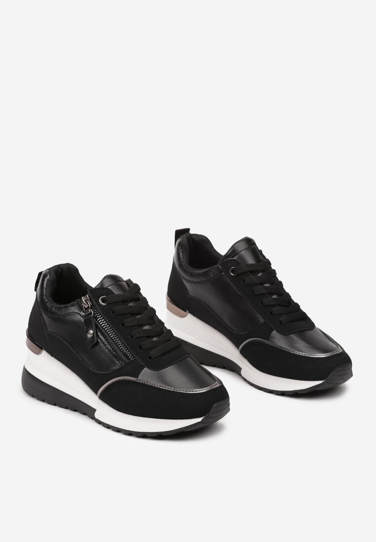 Czarne Sneakersy na Koturnie Ozdobione Suwakiem Mialara