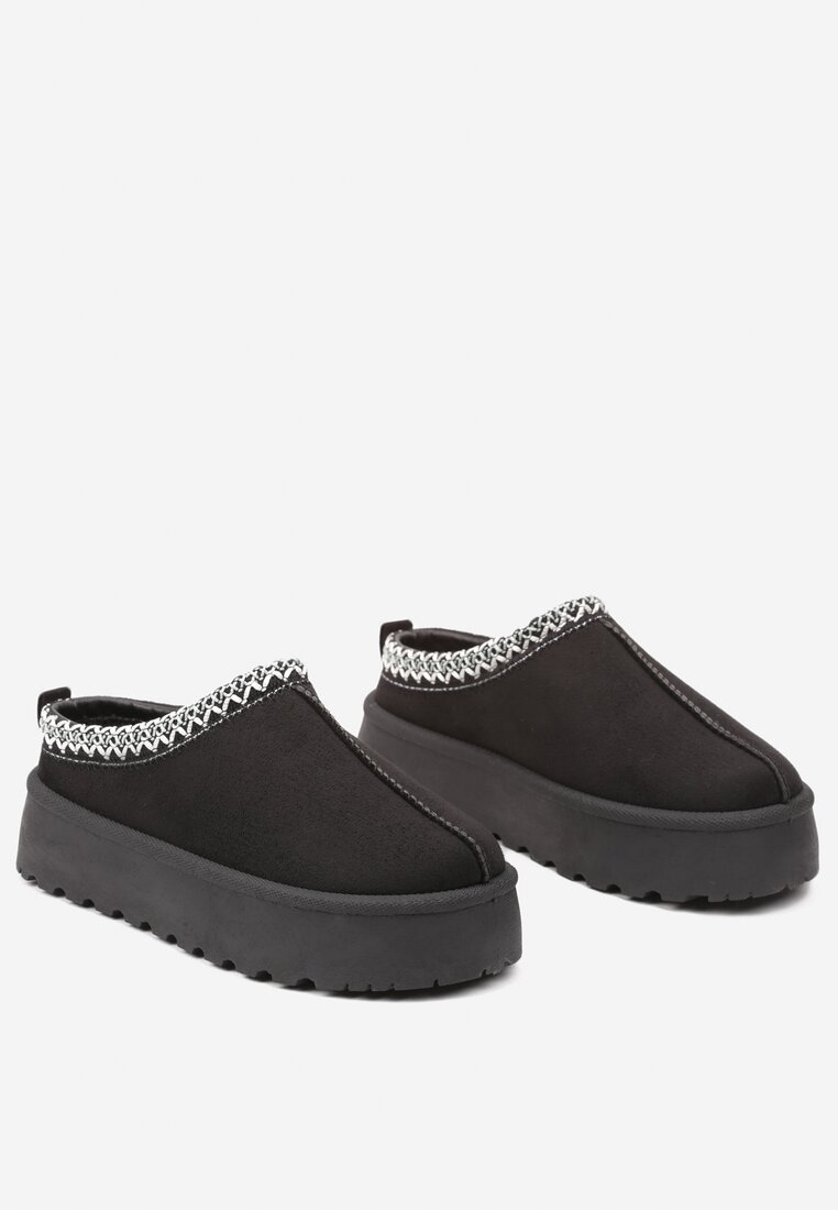 Czarne Śniegowce na Grubej Podeszwie z Niską Haftowaną Cholewką Etandiel