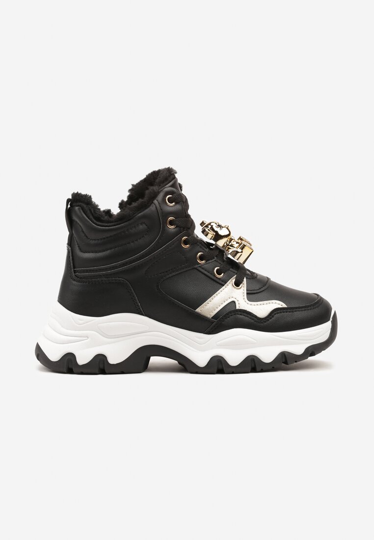 Czarne Płaskie Sneakersy z Wysoką Cholewką Ozdobione Misiami 3D i Futerkiem Teminita