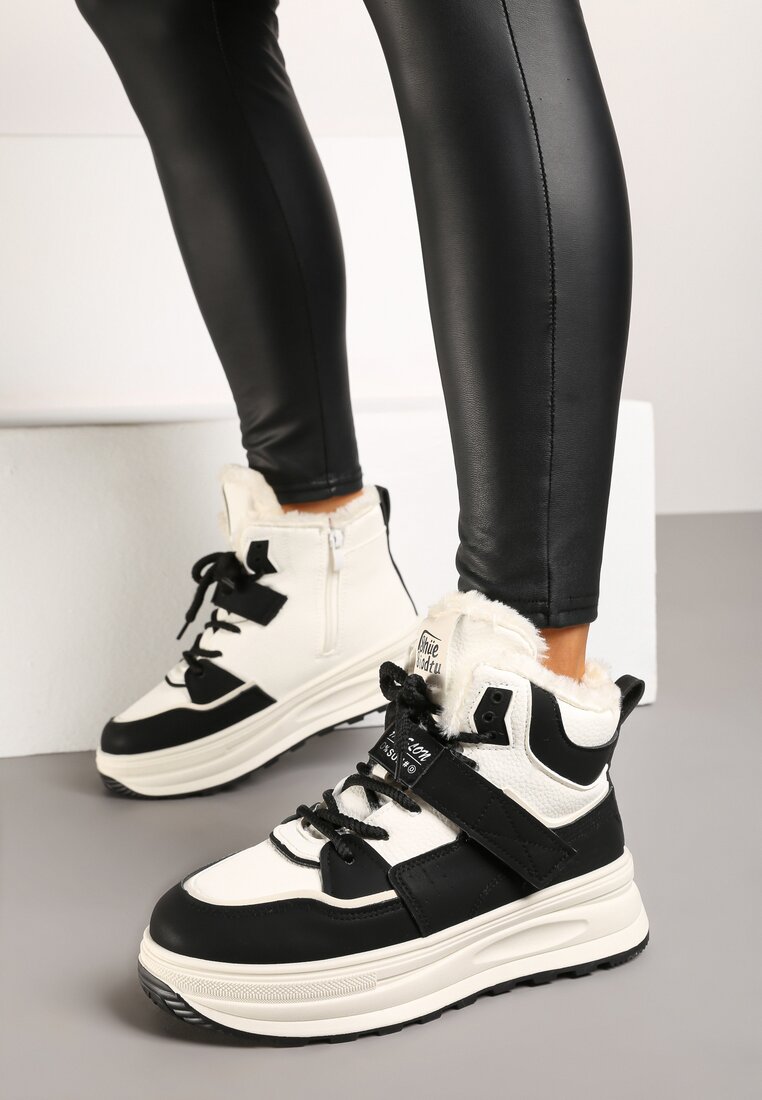 Beżowo-Czarne Sneakersy Ocieplane na Płaskiej Podeszwie z Wysoką Cholewką Rialithra