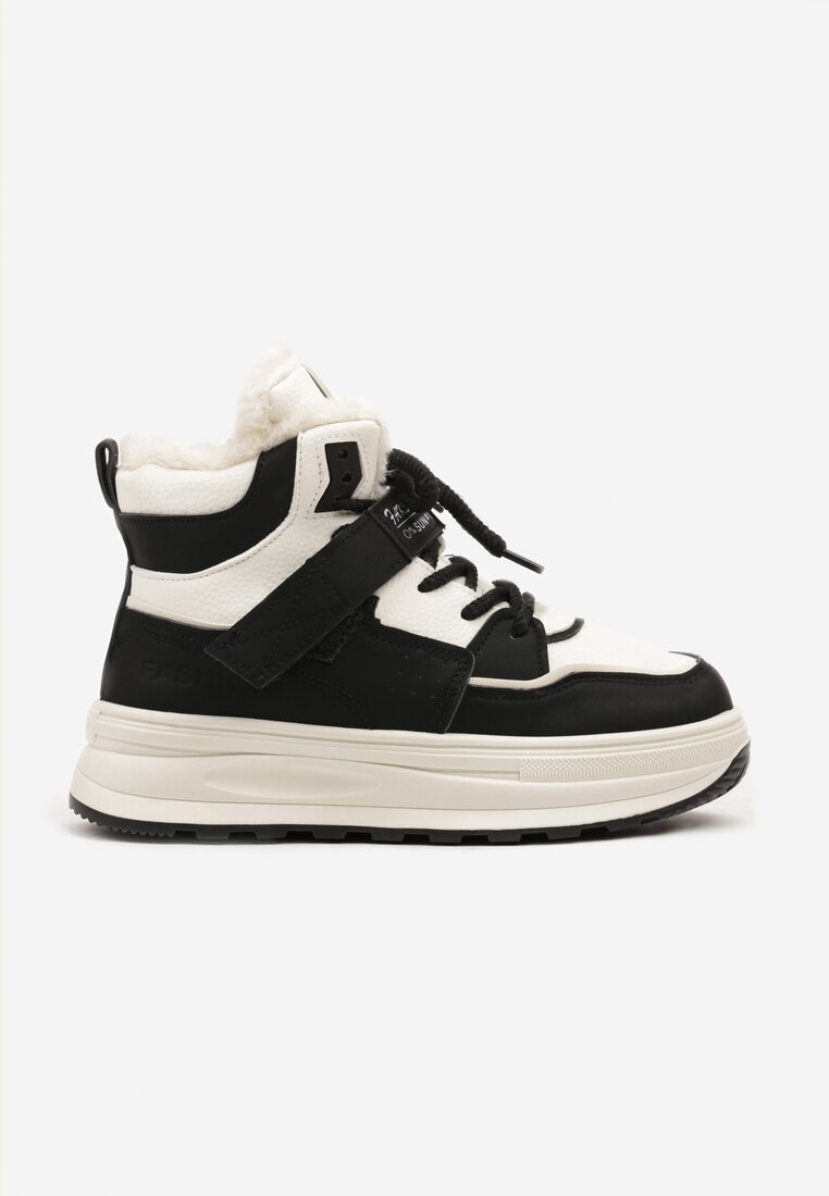 Beżowo-Czarne Sneakersy Ocieplane na Płaskiej Podeszwie z Wysoką Cholewką Rialithra