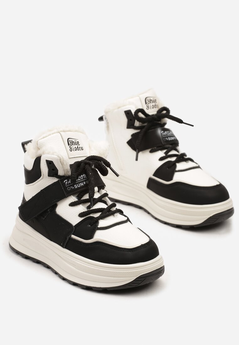Beżowo-Czarne Sneakersy Ocieplane na Płaskiej Podeszwie z Wysoką Cholewką Rialithra