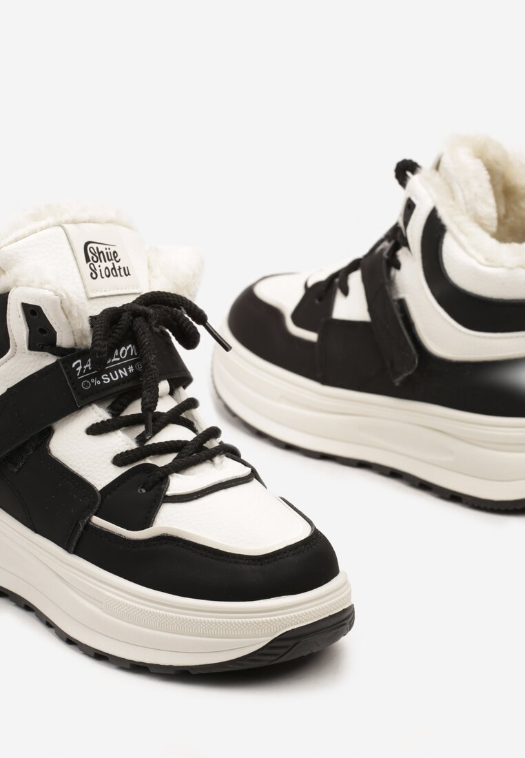 Beżowo-Czarne Sneakersy Ocieplane na Płaskiej Podeszwie z Wysoką Cholewką Rialithra