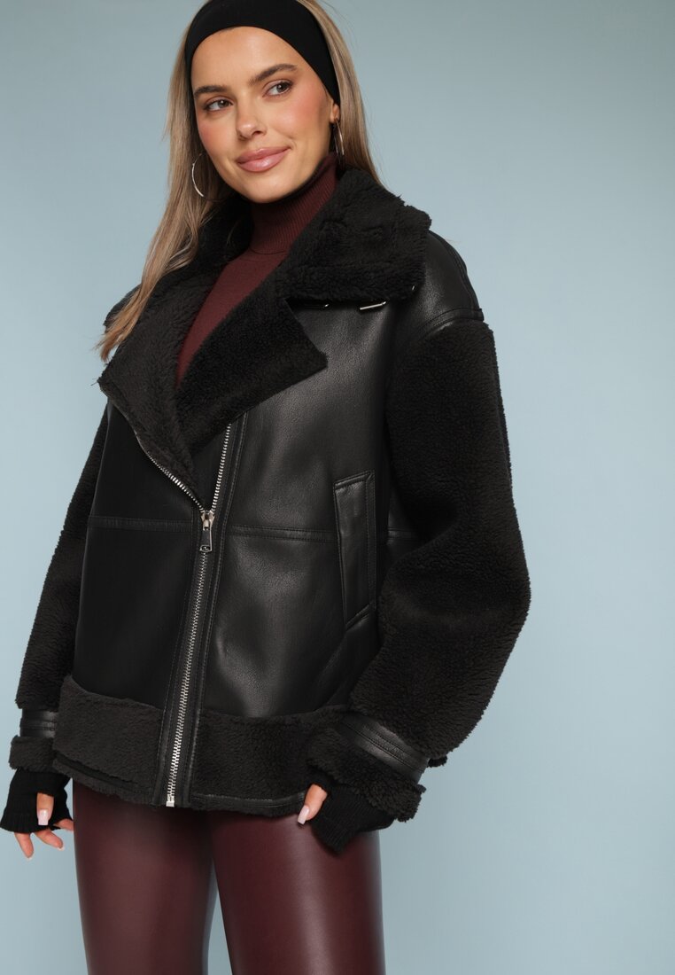 Czarna Kurtka Ramoneska z Kożuszkiem Zirara