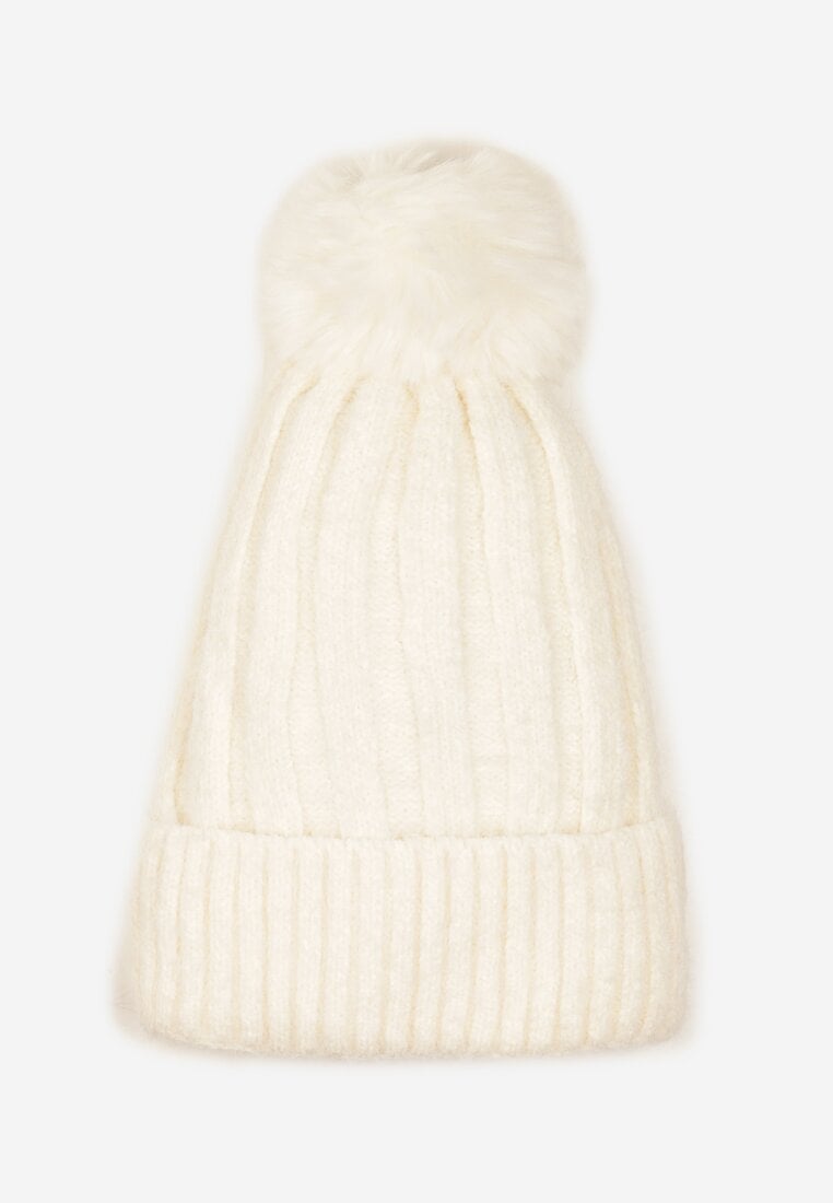 Jasnobeżowa Czapka z Prążkowanego Materiału z Pomponem Vamieska