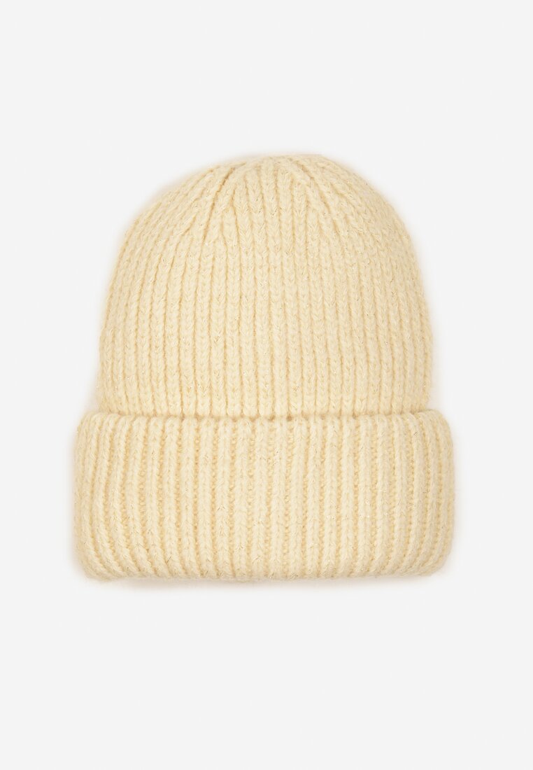 Beżowa Prążkowana Czapka Beanie z Wiskozą i Metaliczną Nicią Temiala