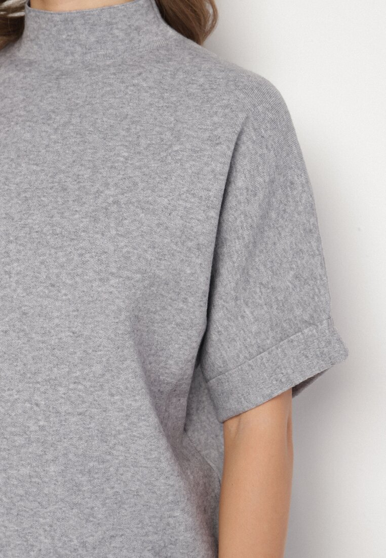 Szary Dzianinowy Komplet Oversize z Wiskozą Szerokie Spodnie i T-shirt Lannethria