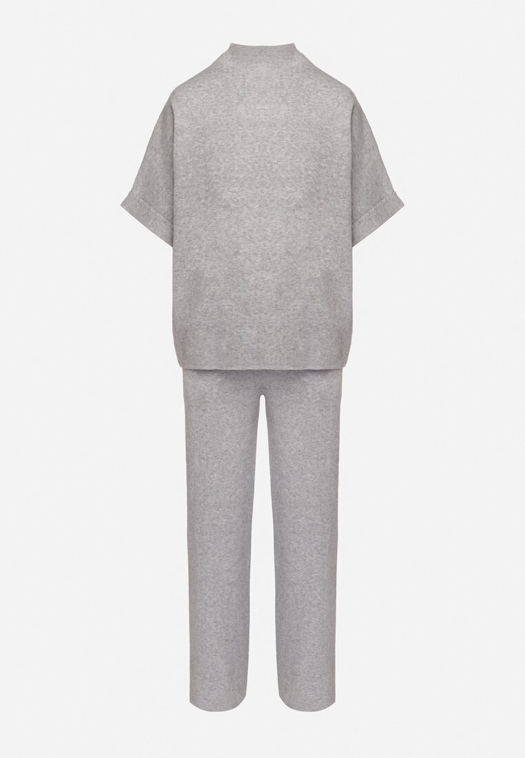 Szary Dzianinowy Komplet Oversize z Wiskozą Szerokie Spodnie i T-shirt Lannethria