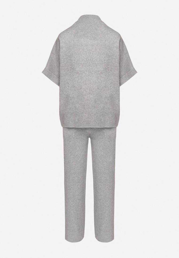 Szary Dzianinowy Komplet Oversize z Wiskozą Szerokie Spodnie i T-shirt Lannethria